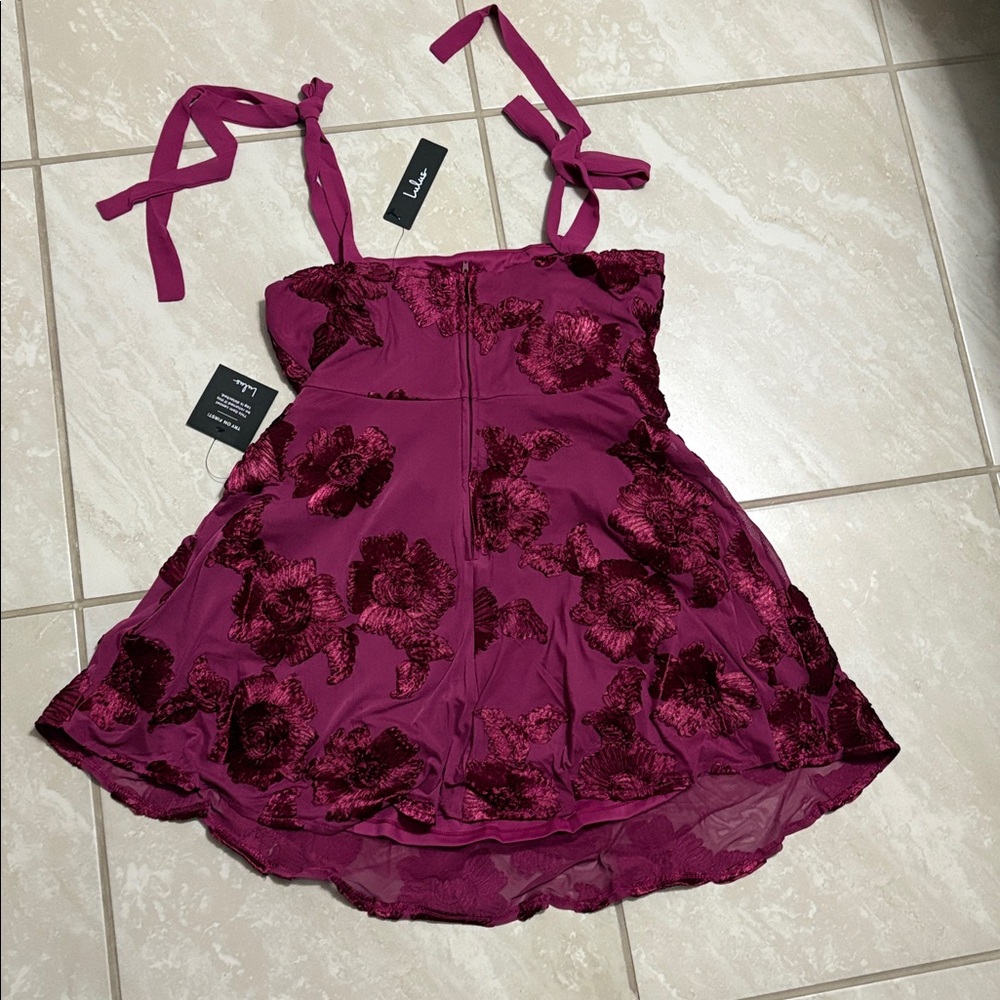 Lulus Truly Inspiring Plum Mesh Floral Applique Tie-strap Mini Dress Purple - Picture 4 of 6